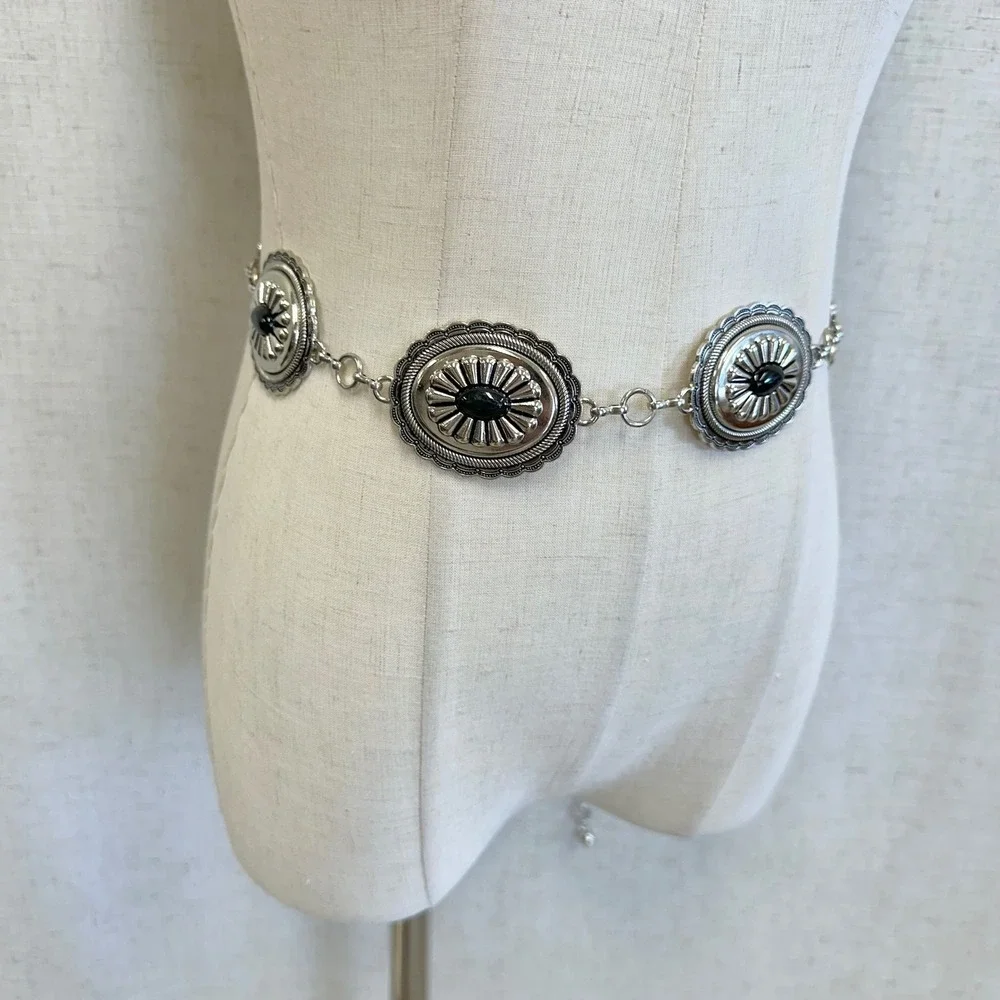 Silver Concho Chain Belt Black Faux Stone Western Boho Adjustable XS/Small‎